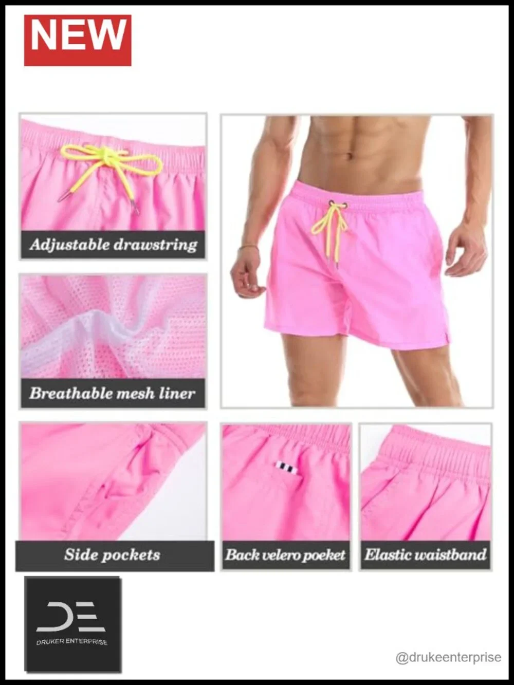 Quick Dry Swim Trunks with Mesh Lining Drawstring Closure 3 Pockets